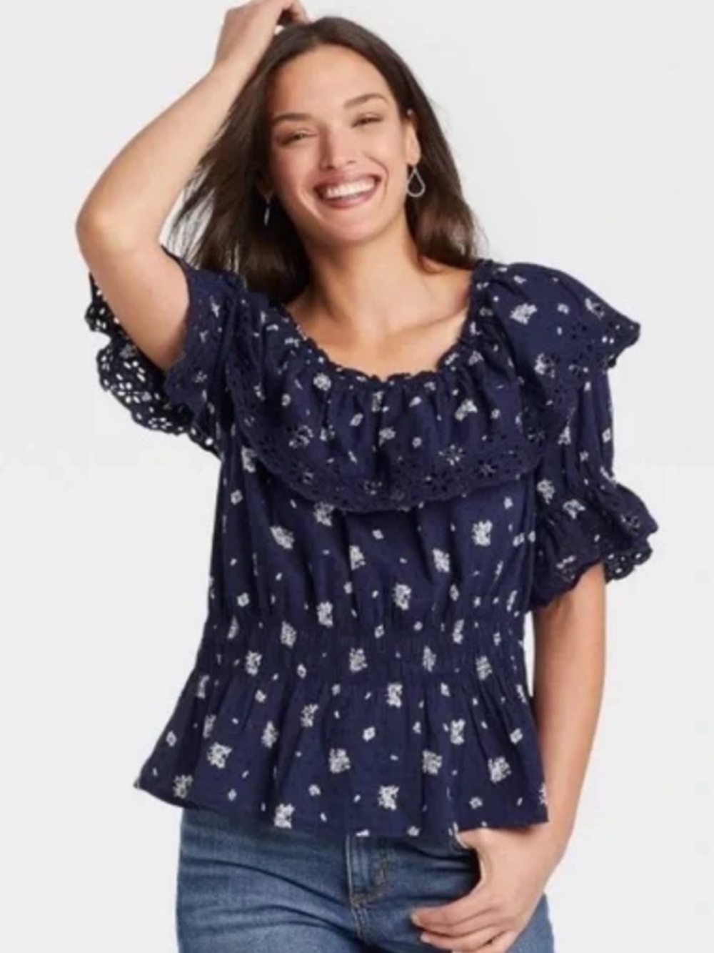 Universal Thread Navy Floral Ruffle Peasant Top - Picture 2 of 9